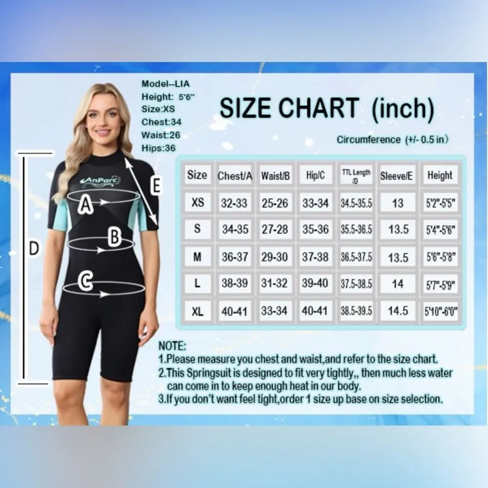 AnPar 3mm Neoprene Shorty Wet Suit for Women Black and Blue Short Sleeve M NWOT